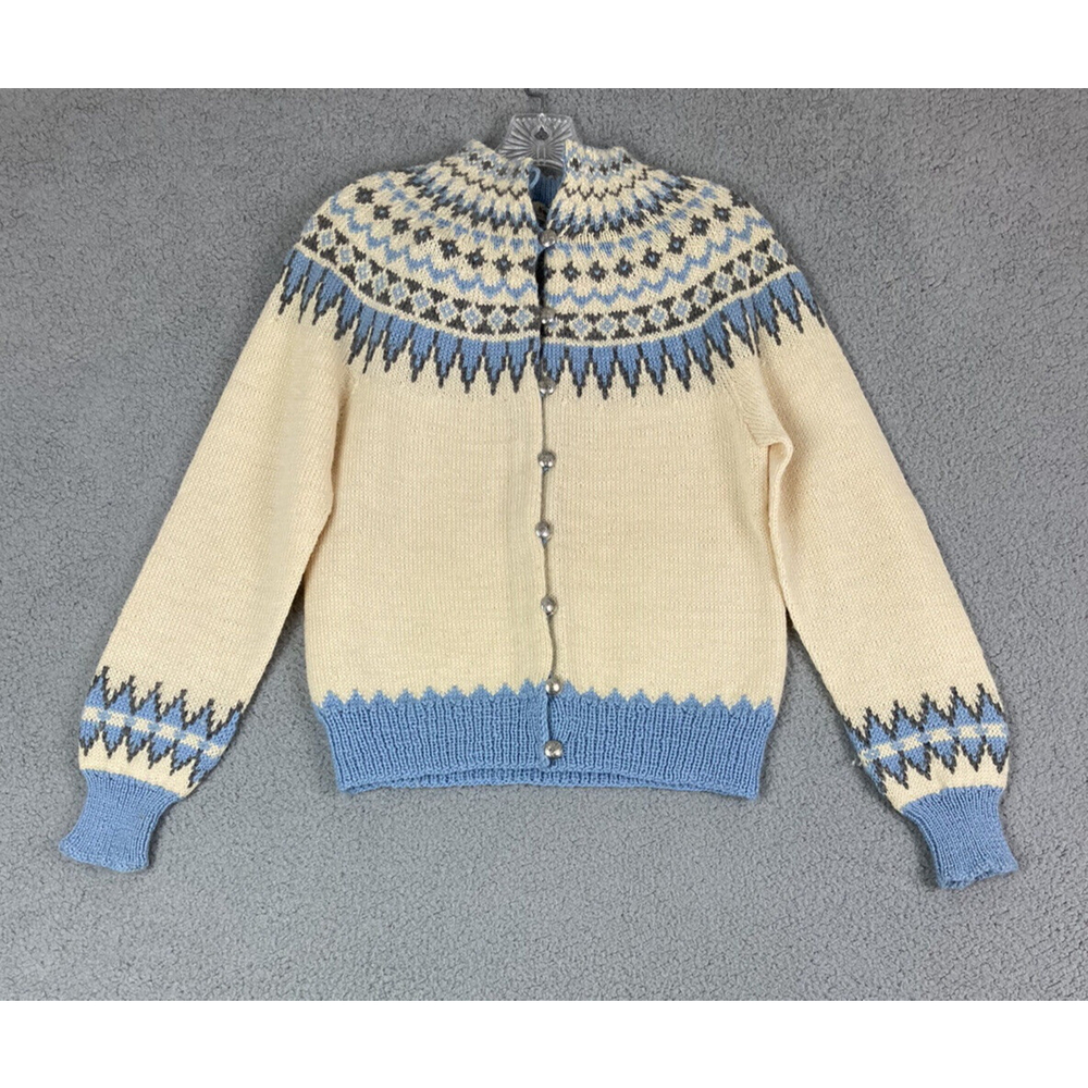 Handmade In Norway Size S Fair Isle Cardigan Button Up Wool Knit Blue Sweater